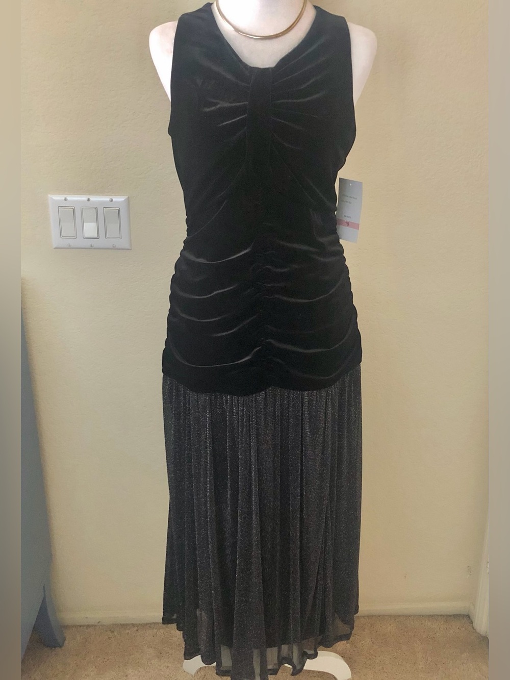 Maison Tara Black Velvet Ruched Bodice Midi Dress with Metallic Skirt